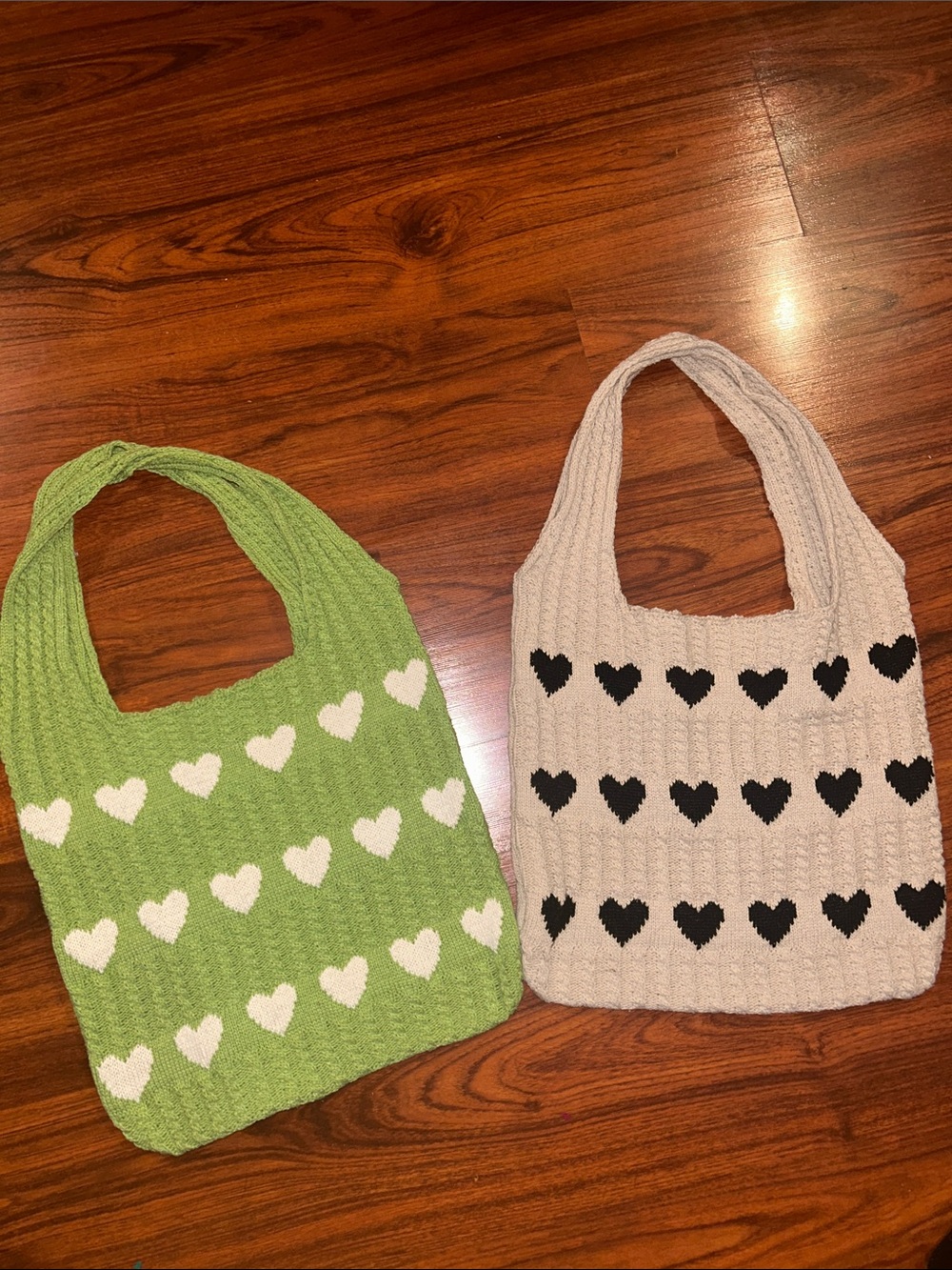 Y2K Knitted Heart Tote Bag Bundle of 2 Green/Beige Soft Slouchy Shoulder Bags